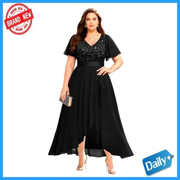 Sequin Chiffon Formal Dress Elegant Evening Wedding Guest Cocktail Gown - Picture 6 of 7